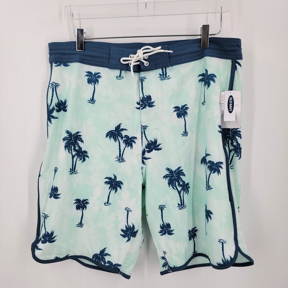 Old Navy Swim Trunks Mens 36 Blue Green Palm Print 10" Inseam
